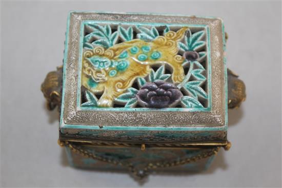 A Chinese glazed biscuit porcelain and gilt metal mounted incense burner and cover, 19th century, 10.5cm, base drilled